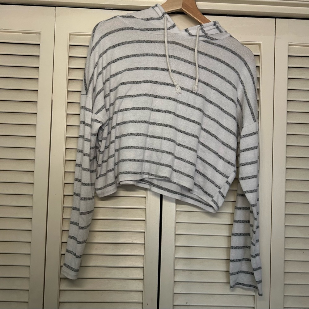 Striped Cropped Hoodie - White & Gray